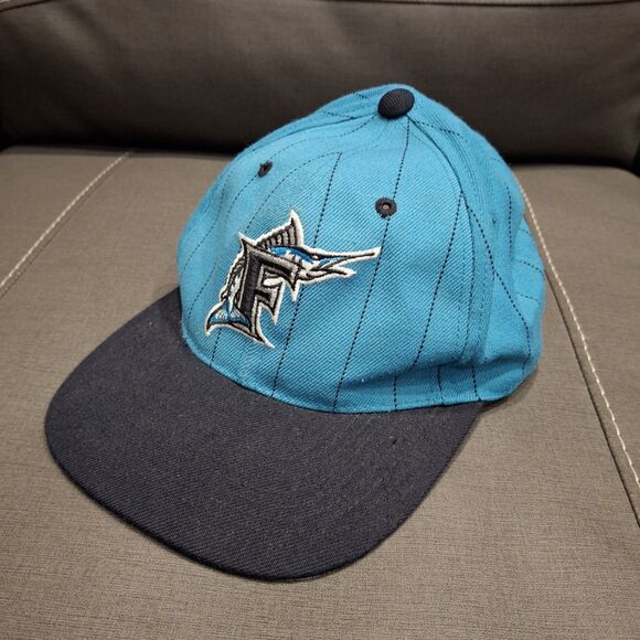 Florida Marlins Grosscap Vtg MLB Teal Black Strip Snapback Cap Under Visor Grey - Picture 1 of 6